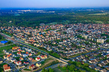 Aerial view of View of the town from the northeast in Ötigheim in the state Baden-Wuerttemberg, Germany
