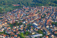 Aerial view of Catholic Church "St. Michael in Ötigheim in the state Baden-Wuerttemberg, Germany