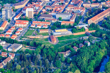 Aerial view of Fronte Lamotte city park with Weissenburg gate building, trench defense building and former military hospital at Paradeplatz in Germersheim in the state Rhineland-Palatinate, Germany