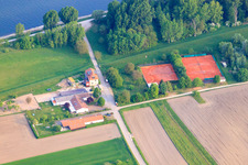 Tennis courts on the banks of the Rhine at TennisClub Rheinsheim and clubhouses of WSC Rheintreue, Rheinsheim and KVB Rheinsheim in the district Rheinsheim in Philippsburg in the state Baden-Wuerttemberg, Germany