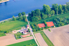 Aerial view of Tennis courts on the banks of the Rhine at TennisClub Rheinsheim and clubhouses of WSC Rheintreue, Rheinsheim and KVB Rheinsheim in the district Rheinsheim in Philippsburg in the state Baden-Wuerttemberg, Germany