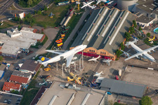 Outdoor exhibition of airplanes and ships in the Technical Museum Speyer in Speyer in the state Rhineland-Palatinate, Germany from above