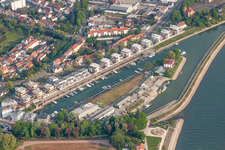 Aerial photograpy of Residential buildings in the development area on the river Rhine quayside of the former port Hafenstrasse in Speyer in the state Rhineland-Palatinate, Germany