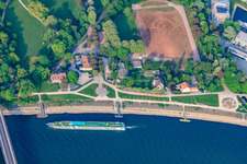 Aerial view of Pier Speyer on the Rhine promenade with cruise ship Viking in Speyer in the state Rhineland-Palatinate, Germany