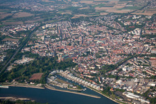 Aerial view of Town on the banks of the river of the Rhine river in Speyer in the state Rhineland-Palatinate, Germany
