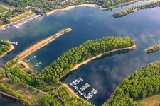 Boat dock of the Sailing Club Speyer eV and Yacht Club Otterstadt in the Angelwald - harbor facility and clubhouse at the Angelhofer Althrein in Speyer in the state Rhineland-Palatinate, Germany