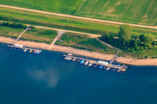 Aerial view of Boat dock of the SVM Sailing Association Mannheim eV and the Sailing Association Worms at the Otterstadt Althrein in Otterstadt in the state Rhineland-Palatinate, Germany