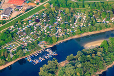 Aerial photograpy of Boat dock of the sailing club Otterstadt (SCO), club grounds at the Otterstadt Althrein in Otterstadt in the state Rhineland-Palatinate, Germany