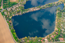 Oblique view of Blue Adriatic, Swan Pond corner Mittelweg/Adriastr in Altrip in the state Rhineland-Palatinate, Germany