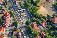 Aerial view of Railway crossing Bahnhofstr in Jockgrim in the state Rhineland-Palatinate, Germany