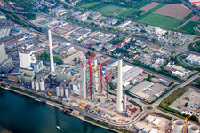 Construction site of power plants and exhaust towers of thermal power station GKM Block 6 in the district Neckarau in Mannheim in the state Baden-Wurttemberg, Germany out of the air