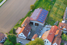 Stoffhalle Kissenzauber in Brehmstr in the district Minderslachen in Kandel in the state Rhineland-Palatinate, Germany seen from a drone