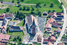 Aerial photograpy of Church building in the village of in Schleithal in Grand Est, France