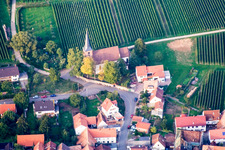 Protestant Church Rechtenbach in the district Rechtenbach in Schweigen-Rechtenbach in the state Rhineland-Palatinate, Germany from above