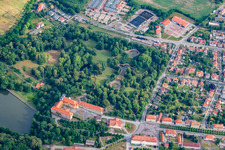 Aerial view of Castle and castle park with castle pond Ballenstedt in Ballenstedt in the state Saxony-Anhalt, Germany