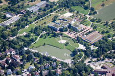 Aerial view of Park of Horbachpark with lake Hoebach , Anne-Frank school and Albgauhalle in Ettlingen in the state Baden-Wurttemberg