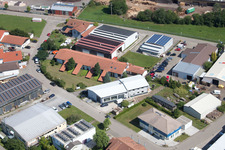 Im Schwarzenbusch commercial area in the district Pfaffenrot in Marxzell in the state Baden-Wuerttemberg, Germany seen from above