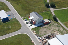 Im Schwarzenbusch commercial area in the district Pfaffenrot in Marxzell in the state Baden-Wuerttemberg, Germany from the drone perspective