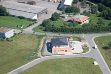 Im Schwarzenbusch commercial area in the district Pfaffenrot in Marxzell in the state Baden-Wuerttemberg, Germany seen from a drone