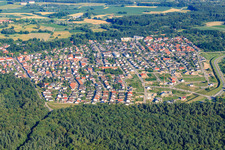 Aerial view of New development area Vogelring from the north in Jockgrim in the state Rhineland-Palatinate, Germany