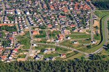 Oblique view of New development area Vogelring from the north in Jockgrim in the state Rhineland-Palatinate, Germany