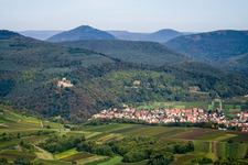Landeck Castle above the wine-growing town from the south in Klingenmünster in the state Rhineland-Palatinate, Germany