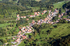 Village - view on the edge of agricultural fields and farmland in Erlenbach bei Dahn in the state Rhineland-Palatinate