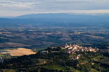 Old town area and city center in Tuscany. Montepulciano and the clay hills of Valiano, Abbadia di Montepulciano, Sant'Albino, Argiano, San Gavino, and Gracciano on the edge of the plain are the wine-growing region of the noble wine of Montepulciano in Montepulciano in the state Siena, Italy