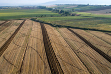 Aerial view of Harvested grain field structures Landscape on a grain field in Anatraia in Castiglion Fiorentino in the state Arezzo, Italy