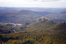 Bird's eye view of Trifels Castle in the district Bindersbach in Annweiler am Trifels in the state Rhineland-Palatinate, Germany