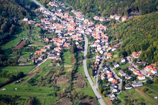 Aerial view of Village in the Palatinate Forest from the east in Waldrohrbach in the state Rhineland-Palatinate, Germany