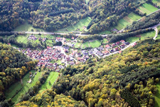 Aerial view of Village view in the Klinbachtal from the northeast in Münchweiler am Klingbach in the state Rhineland-Palatinate, Germany