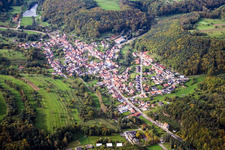 Aerial view of Village in the Palatinate Forest from the east in Silz in the state Rhineland-Palatinate, Germany