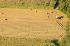 Aerial view of Hay bales in the Bruchbach-Otterbach lowlands in Kandel in the state Rhineland-Palatinate, Germany