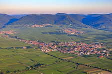 City view from the east In the background Rhodt unter Rietburg and the Haardt edge of the Palatinate Forest in the morning light in Edesheim in the state Rhineland-Palatinate, Germany