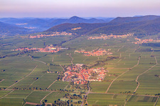 Aerial view of View of the town from the east In the background Flemlingen and Böchingen and the Haardt edge of the Palatinate Forest in the morning light in Roschbach in the state Rhineland-Palatinate, Germany