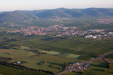 Aerial view of Village - view on the edge of agricultural fields and farmland in Edenkoben in the state Rhineland-Palatinate