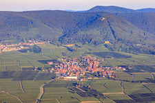 Winegrowing village from the east In the background Weyher and the Rietburg at the Haardt edge of the Palatinate Forest in the morning light in Rhodt unter Rietburg in the state Rhineland-Palatinate, Germany