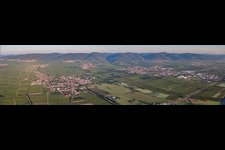 Aerial view of Panoramic perspective Town View of the streets and houses of the residential areas in Edesheim and Edenkoben in the state Rhineland-Palatinate