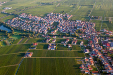 Village - view on the edge of agricultural fields and farmland in Kirrweiler (Pfalz) in the state Rhineland-Palatinate, Germany out of the air