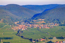 Wine-growing village from the east on the edge of the Haardt in the Palatinate Forest in the morning light in the district SaintMartin in Sankt Martin in the state Rhineland-Palatinate, Germany