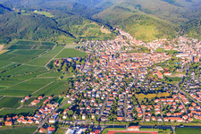 Aerial view of City view from the east in morning light in Wachenheim an der Weinstraße in the state Rhineland-Palatinate, Germany