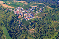 Aerial view of Wine-growing village on the edge of the Haardt in the Palatinate Forest in the morning light in Battenberg in the state Rhineland-Palatinate, Germany
