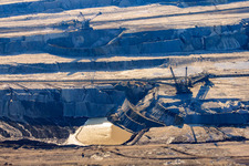 Hoist crane in open-cast lignite mine Inden in the district Altdorf in Inden in the state North Rhine-Westphalia, Germany from above
