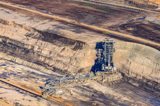 Hoist crane in open-cast lignite mine Inden in the district Altdorf in Inden in the state North Rhine-Westphalia, Germany seen from above