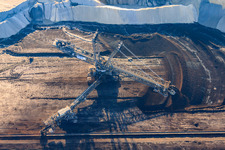 Hoist crane in open-cast lignite mine Inden in the district Altdorf in Inden in the state North Rhine-Westphalia, Germany from the plane
