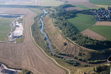 Dredging conveyor bridge in brown coal mine in Inden in the state North Rhine-Westphalia from above