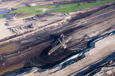 Dredging conveyor bridge in brown coal mine in Inden in the state North Rhine-Westphalia seen from above