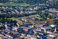Aerial view of Old Town area and city center with Museum Zitadelle in Juelich in the state North Rhine-Westphalia, Germany