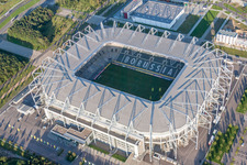 Aerial view of Sports facility grounds of the Arena stadium BORUSSIA-PARK in Moenchengladbach in the state North Rhine-Westphalia, Germany